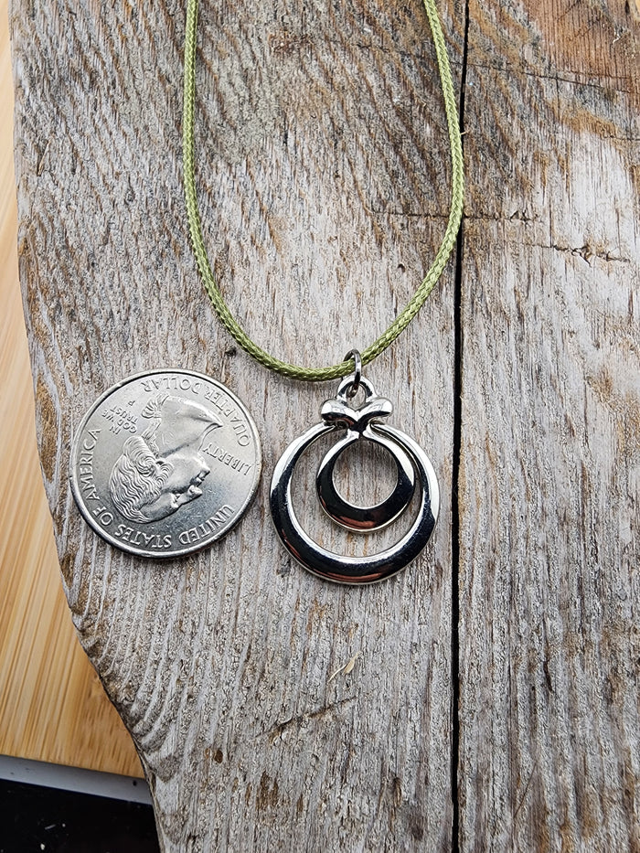 18in Adjustable Silver Tone  Double Ring Pendant Necklace - Olive Cord