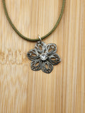 18in Adjustable Silver Tone  Flower Pendant Necklace with Olive Cord