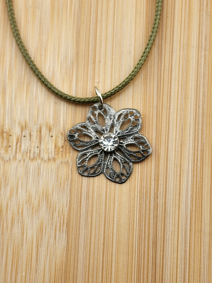 18in Adjustable Silver Tone  Flower Pendant Necklace with Olive Cord