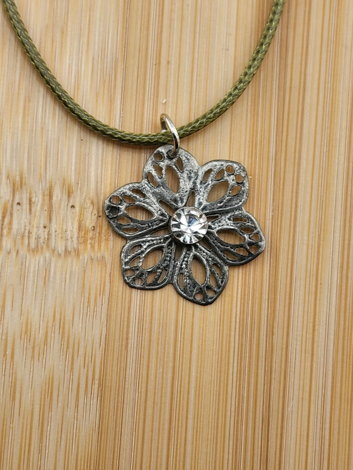 18in Adjustable Silver Tone  Flower Pendant Necklace with Olive Cord