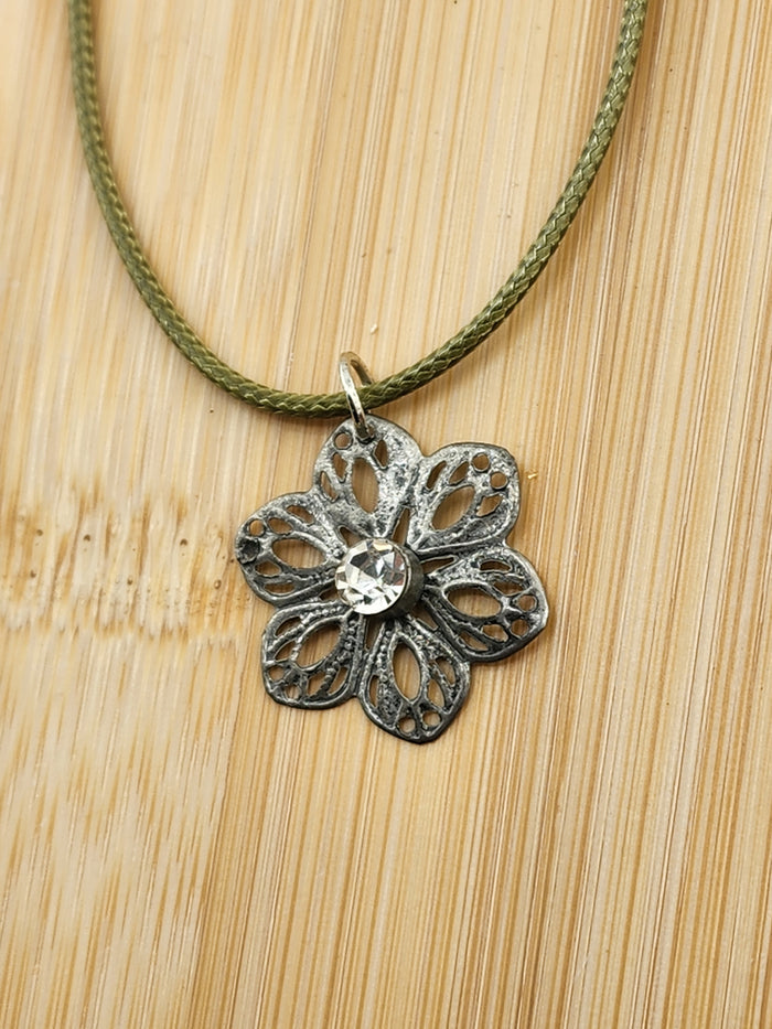 18in Adjustable Silver Tone  Flower Pendant Necklace with Olive Cord