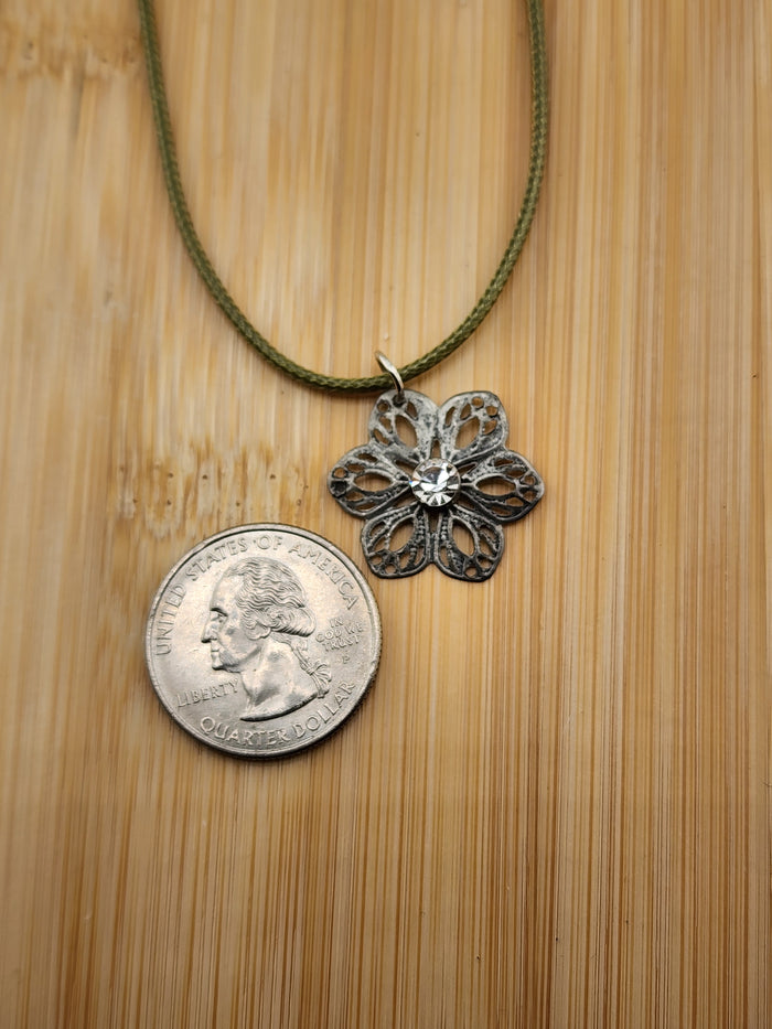 18in Adjustable Silver Tone  Flower Pendant Necklace with Olive Cord