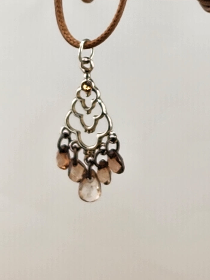 18in Adjustable Silver Tone Teardrop Pendant Necklace with Light Brown Gem Drops