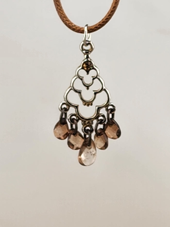 18in Adjustable Silver Tone Teardrop Pendant Necklace with Light Brown Gem Drops