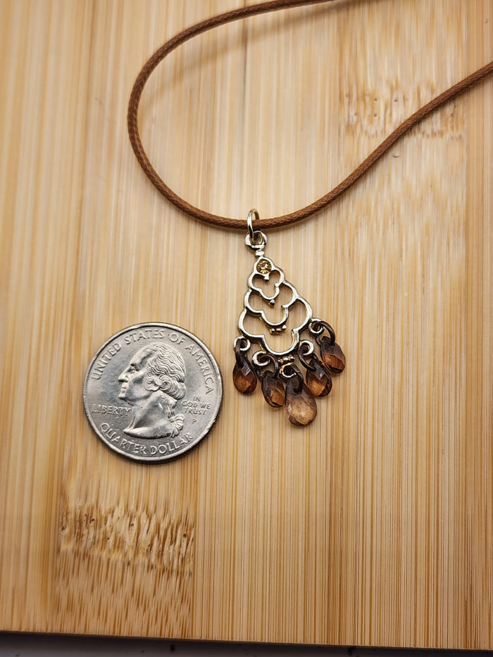 18in Adjustable Silver Tone Teardrop Pendant Necklace with Light Brown Gem Drops