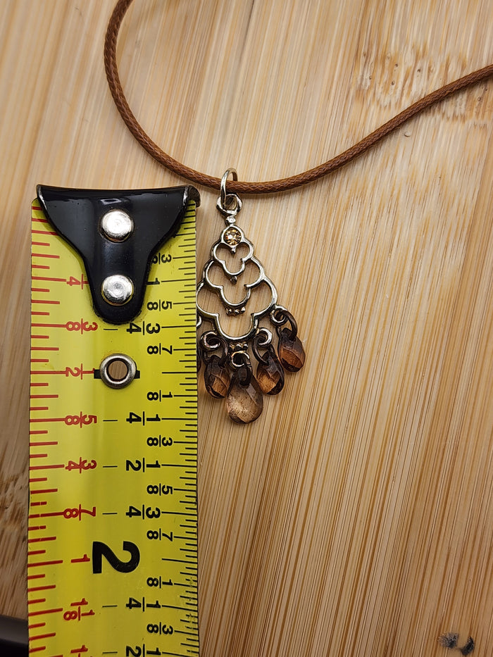18in Adjustable Silver Tone Teardrop Pendant Necklace with Light Brown Gem Drops