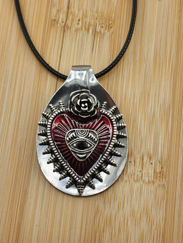 18in Adjustable Sterling-Style Red Heart Eye Pendant Necklace