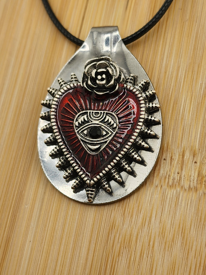 18in Adjustable Sterling-Style Red Heart Eye Pendant Necklace