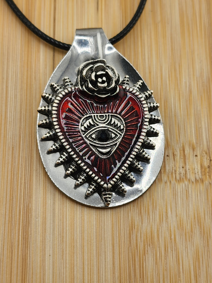 18in Adjustable Sterling-Style Red Heart Eye Pendant Necklace