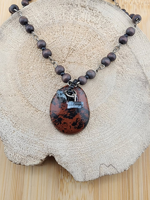 19in Adjustable Handcrafted Brown and Black Stone Pendant Necklace