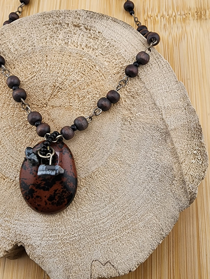 19in Adjustable Handcrafted Brown and Black Stone Pendant Necklace
