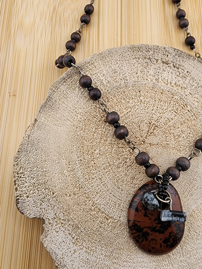 19in Adjustable Handcrafted Brown and Black Stone Pendant Necklace