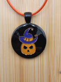 19in To 17in Adjustable Black Halloween Pumpkin Pendant Necklace with Purple Hat
