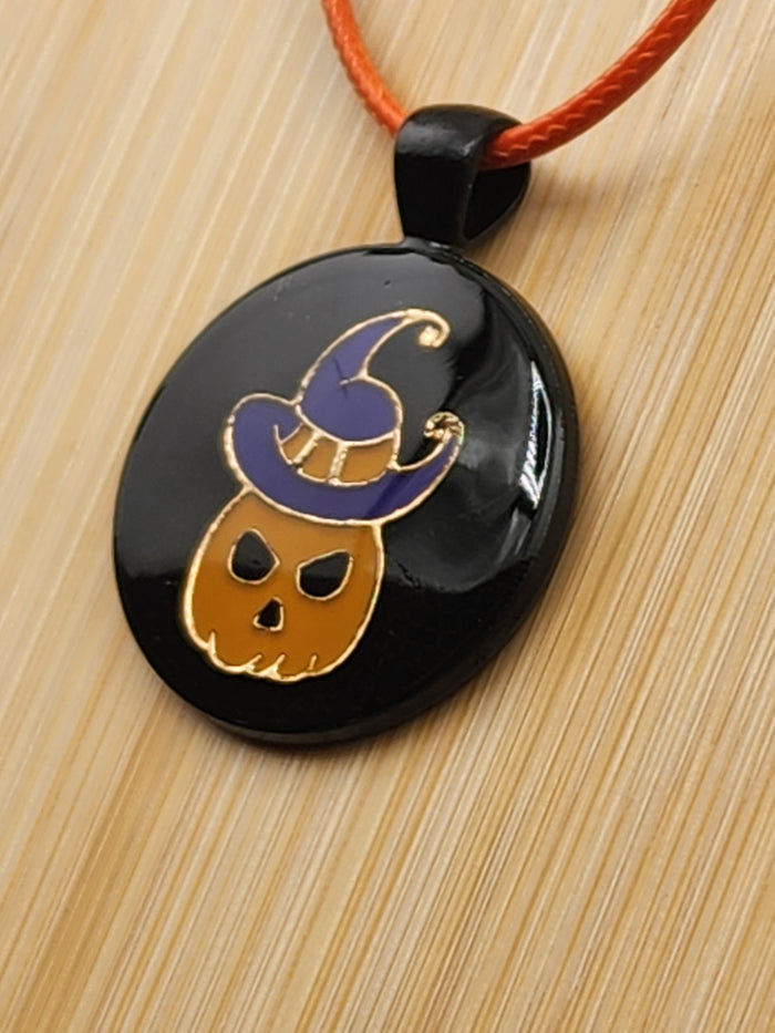 19in To 17in Adjustable Black Halloween Pumpkin Pendant Necklace with Purple Hat