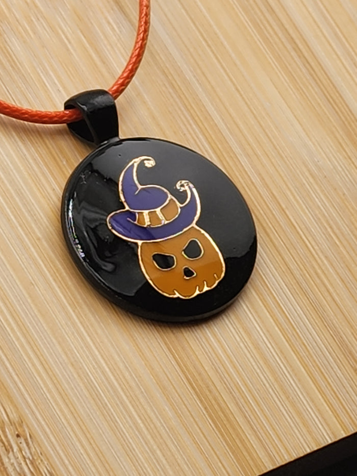 19in To 17in Adjustable Black Halloween Pumpkin Pendant Necklace with Purple Hat