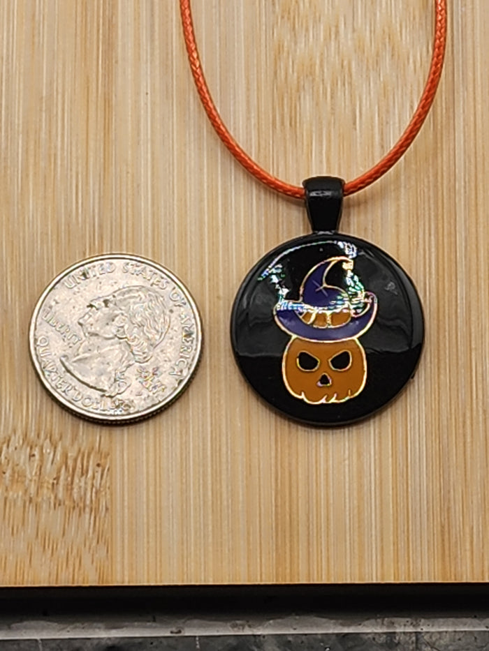 19in To 17in Adjustable Black Halloween Pumpkin Pendant Necklace with Purple Hat