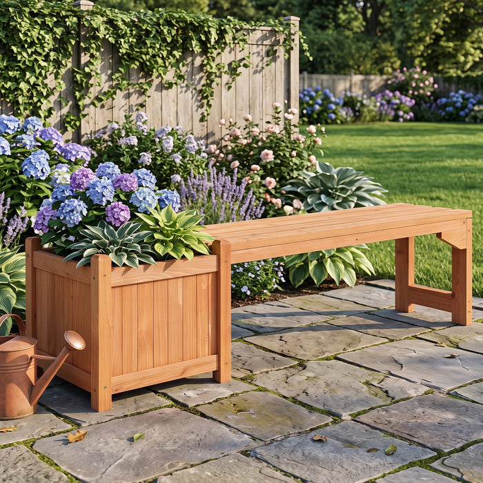 2-in-1 Outdoor Fir Wood Garden Bench with Side Planter Box
