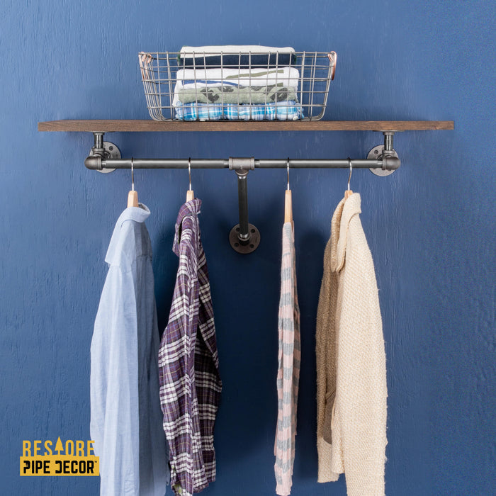 24 in. Boulder Black Wall Mounted Clothing Rack with Wood Shelf