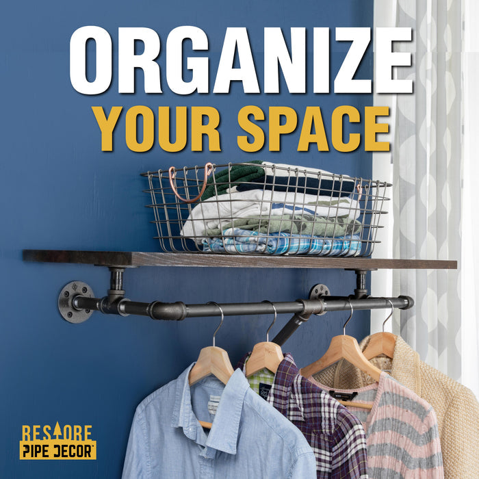 24 in. Boulder Black Wall Mounted Clothing Rack with Wood Shelf