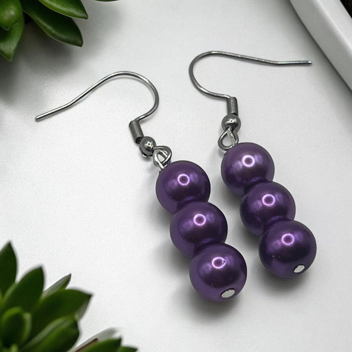 3 Bead Drop Purple Earrings