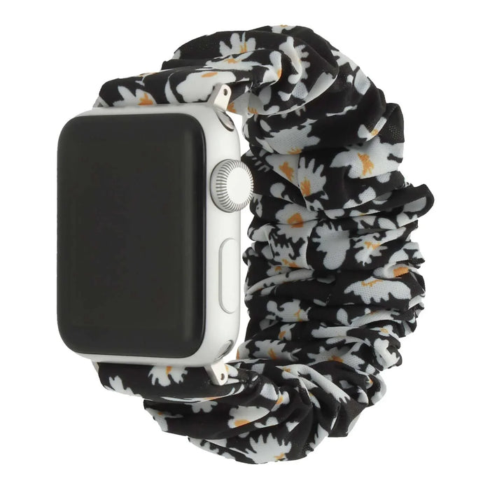 Apple Watch bandje Bloomsy - scrunchie - nylon - bloemen zwart wit