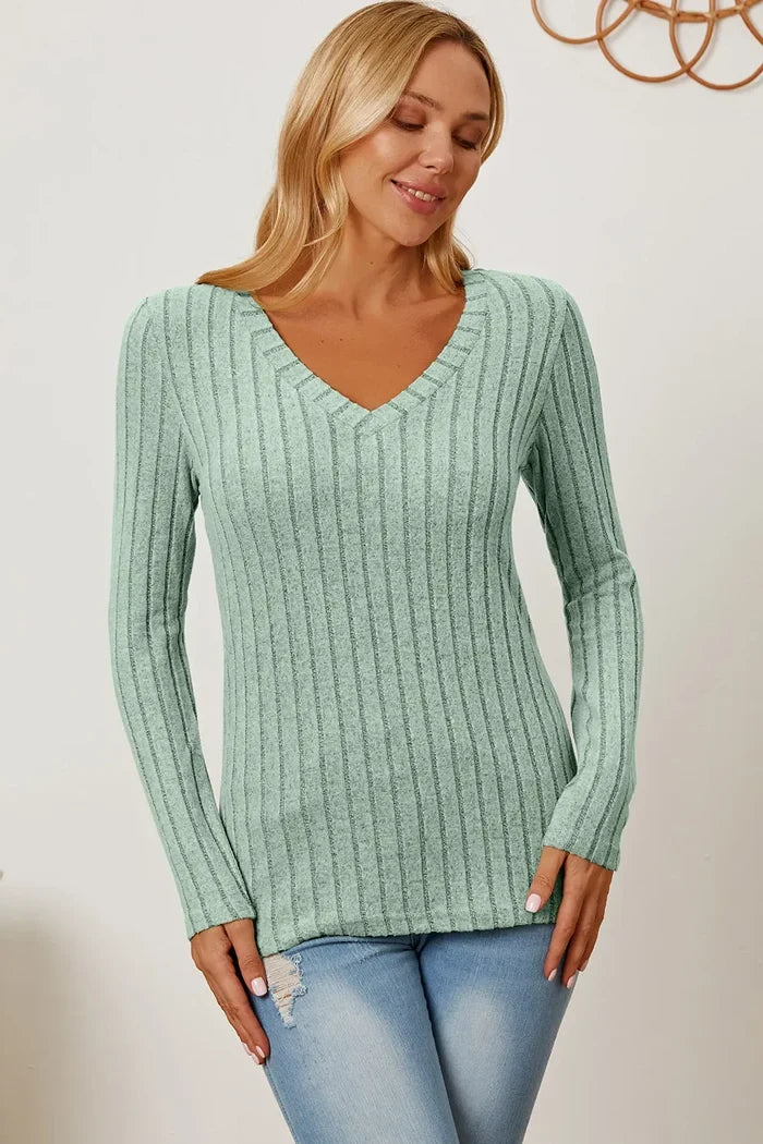 Basic Bae Ribbed V-Neck Long Sleeve Top