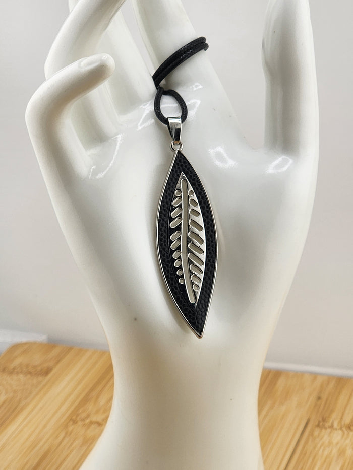Black and Silver Leaf Pendant Necklace