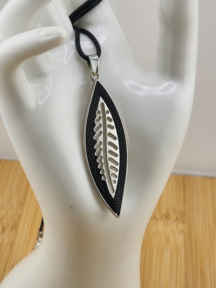 Black and Silver Leaf Pendant Necklace