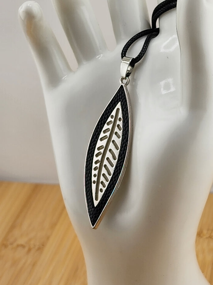 Black and Silver Leaf Pendant Necklace
