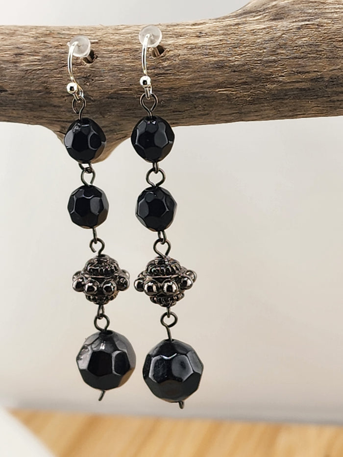 Black Bead Drop Earrings - 0575