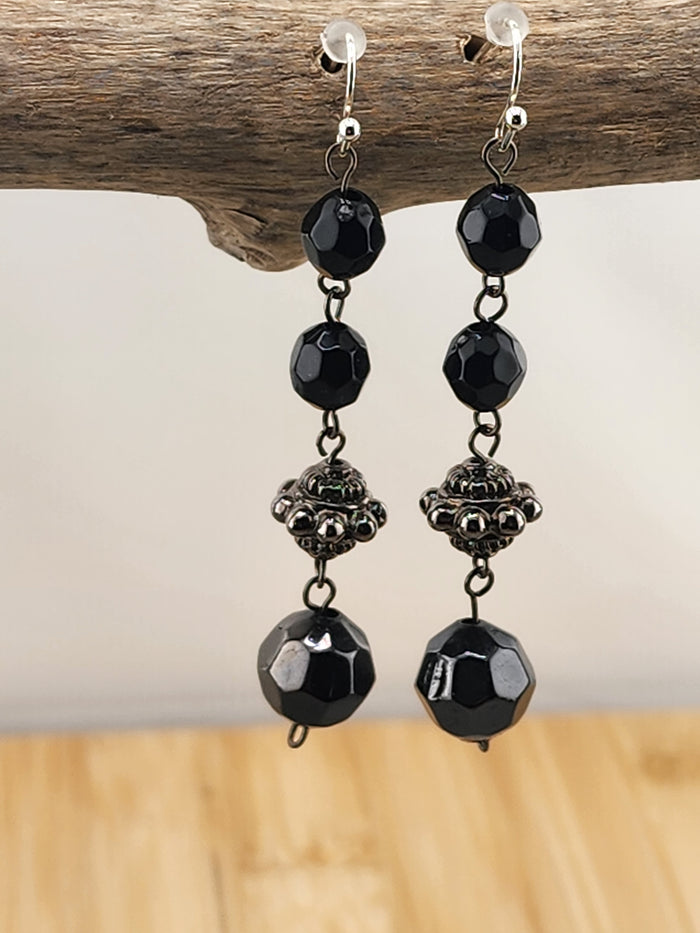Black Bead Drop Earrings - 0575