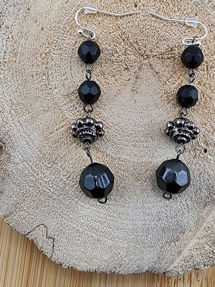 Black Faceted Bead Drop Earrings