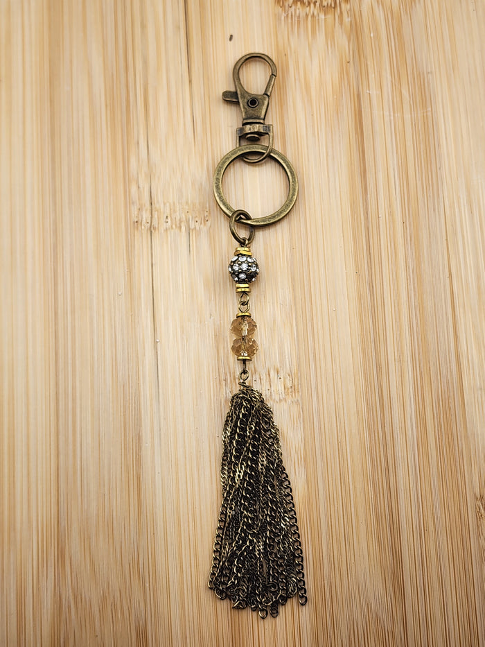 Bronze Tassel Bag Charm Keychain with Bead Accents