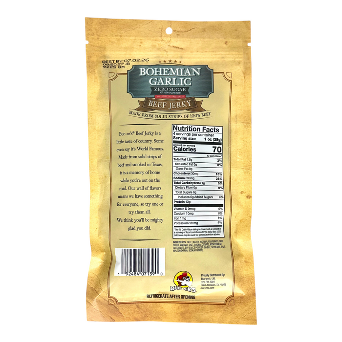 Buc-ee's Bohemian Garlic Zero Sugar Beef Jerky