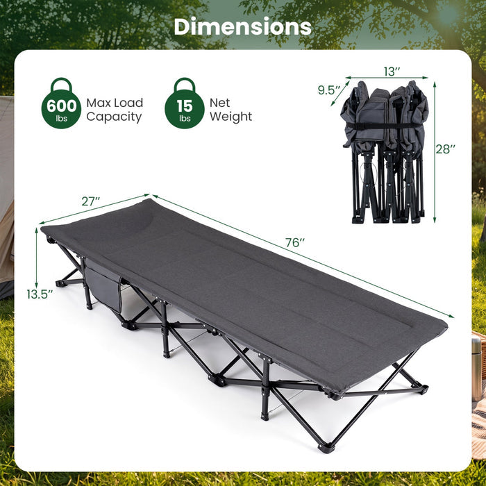 Camping Cot with Cotton-Padded Headrest & Side Storage Pouch