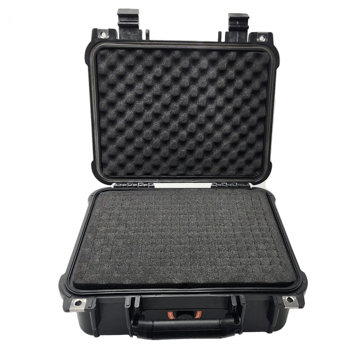 Black hard-shell protective case with foam interior on a white background