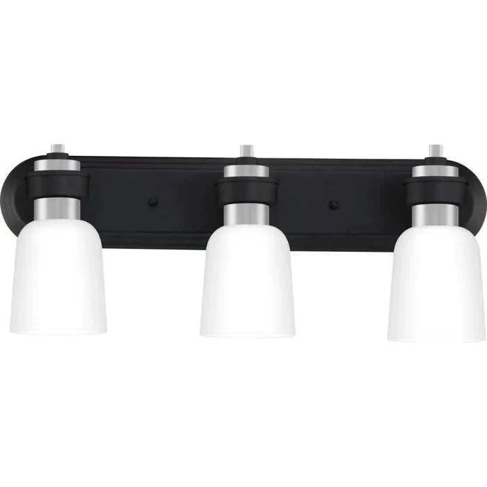 Brushed nickel vanity light, by Quoizel, for bathroom