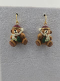 Cute Teddy Bear Winter Earrings in Brown with Green & Red Accents