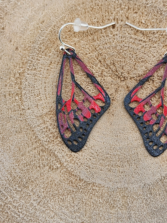 Delicate Black and Red Butterfly Wing Dangle Earrings