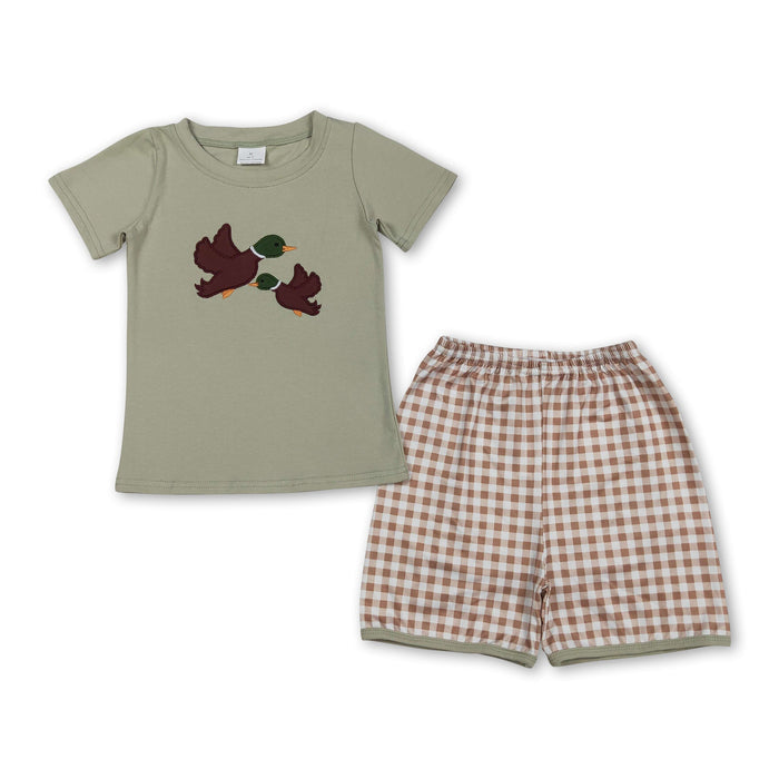 Duck Embroidery Short Sleeve Top & Plaid Shorts Set