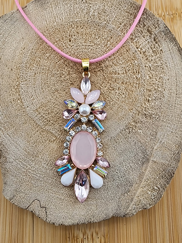 Elegant Pink Crystal Pendant 18in Cord Necklace