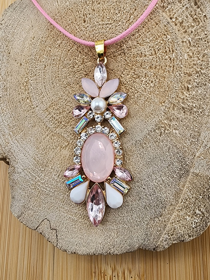 Elegant Pink Crystal Pendant 18in Cord Necklace