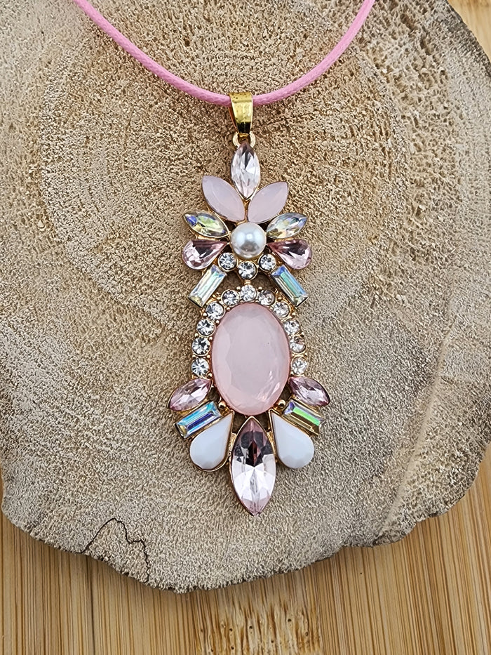 Elegant Pink Crystal Pendant 18in Cord Necklace
