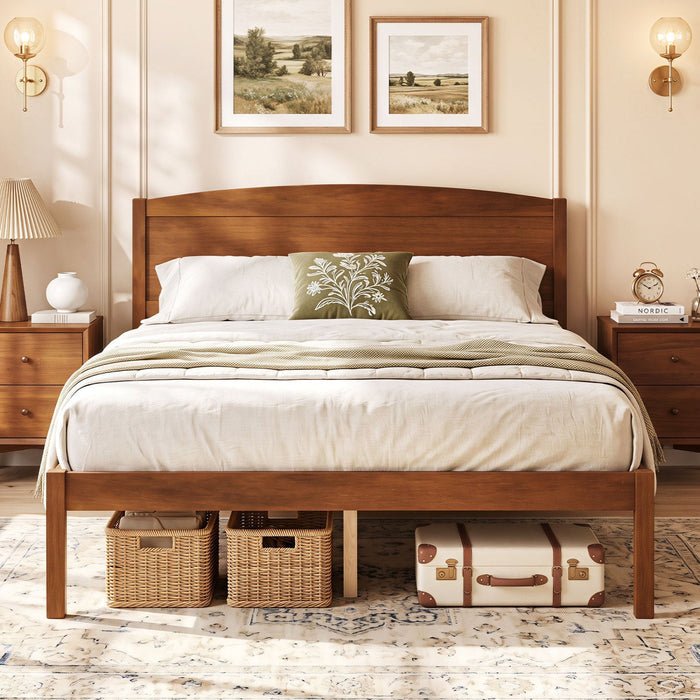 Full Size Platform Bed Frame with Curved Wood Headboard