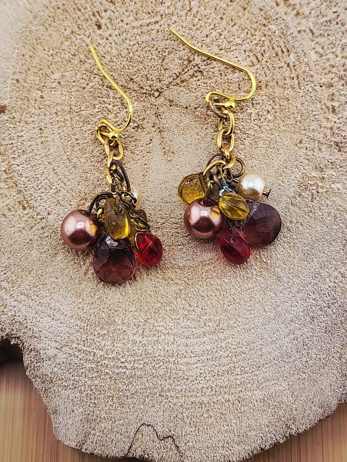 Gold-Tone Cluster Drop Earrings with Red, Brown and Yellow Beads