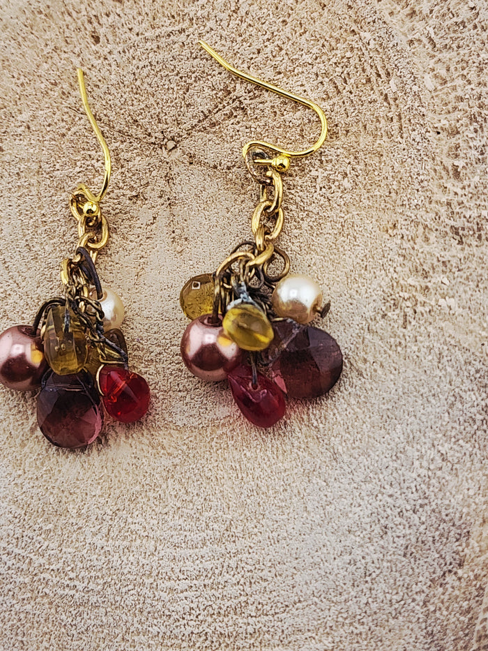 Gold-Tone Cluster Drop Earrings with Red, Brown and Yellow Beads