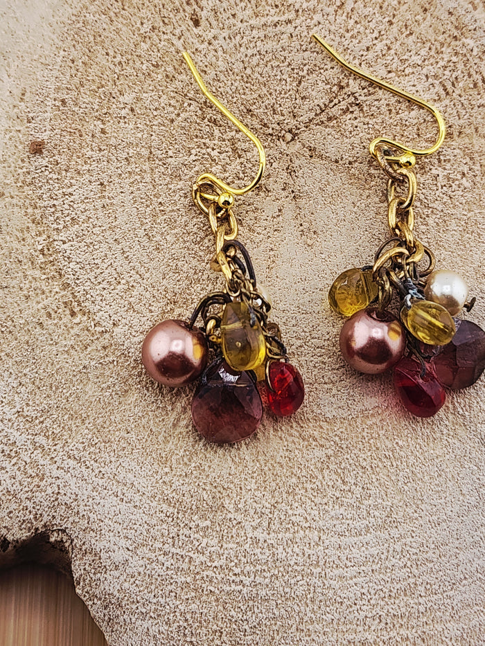 Gold-Tone Cluster Drop Earrings with Red, Brown and Yellow Beads