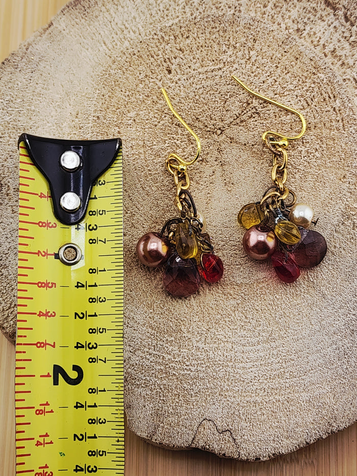 Gold-Tone Cluster Drop Earrings with Red, Brown and Yellow Beads