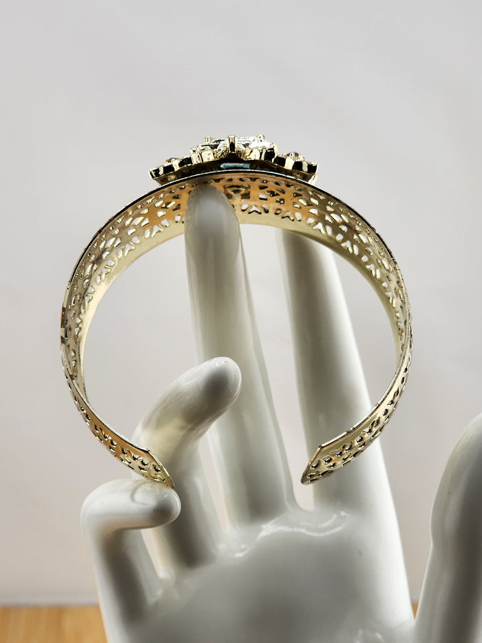 Gold Tone Cuff Bracelet with Multicolor Center Stone and Blue Accent Gems 0543