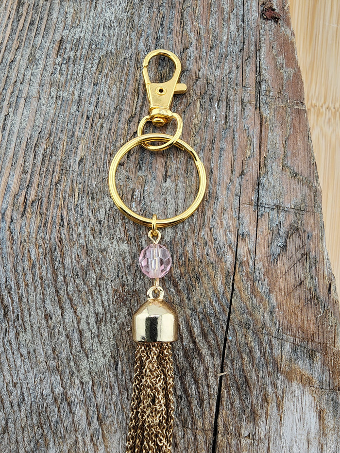 Gold Tone  Tassel Bag Charm Keychain with Pink Bead Accent